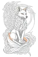 kitsune with empty eyes, nine tails, panaese clouds, rising from mist and sun tattoo design idea