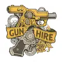 a fallout handgun with the text gun for hire in greyscale tattoo design idea