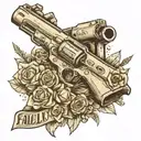 a fallout handgun with the text gun for hire in greyscale tattoo design idea