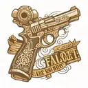 a fallout handgun with the text gun for hire in greyscale tattoo design idea