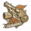 a fallout handgun with the text gun for hire in greyscale tattoo design idea