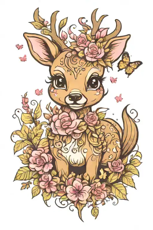 full length cute deer with flowers and pink butterflies tattoo design idea