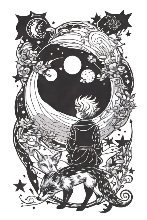 back view, the little prince with the fox on the moon tattoo design idea