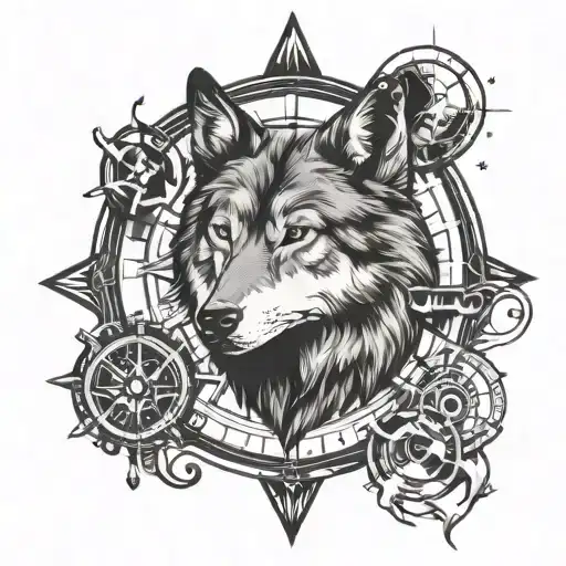 wolf, compass, planet saturn tattoo design idea