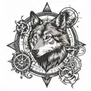 wolf, compass, planet saturn tattoo design idea