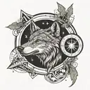 wolf, compass, planet saturn tattoo design idea