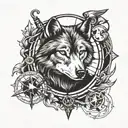 wolf, compass, planet saturn tattoo design idea