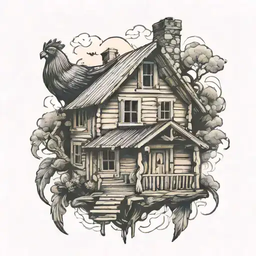 Old wooden house with two chicken foots un the base tattoo design idea