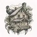 Old wooden house with two chicken foots un the base tattoo design idea