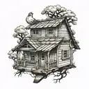 Old wooden house with two chicken foots un the base tattoo design idea
