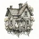 Old wooden house with two chicken foots un the base tattoo design idea