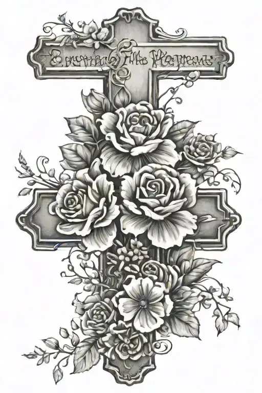 Cross and flowers with the words everything happens for a reason and with a purpose  tattoo design idea