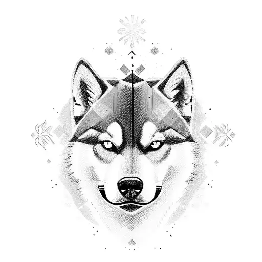 husky face, geometric snow tattoo design idea