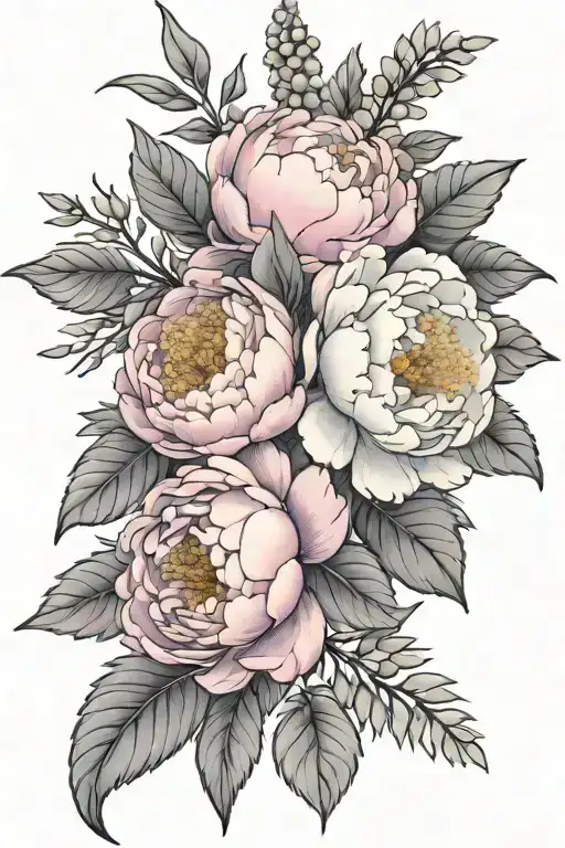 pink and white peony flowers with mimosa flower intertwined, one violet flower, one daffodil, one Christmas rose tattoo design idea