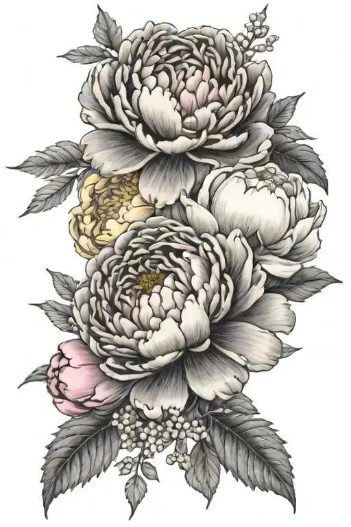 pink and white peony flowers with mimosa flower intertwined, one violet flower, one daffodil, one Christmas rose tattoo design idea