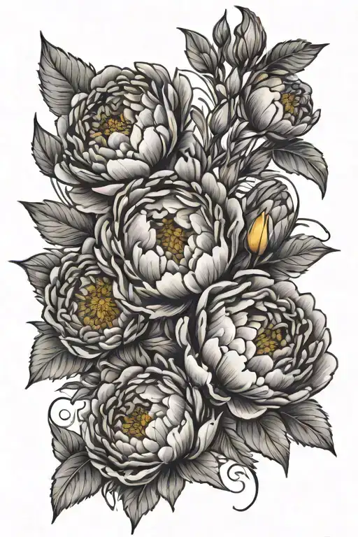 peony's in buds and bloomed with mimosa intertwined, one violet flower one daffodil and one Christmas rose  tattoo design idea