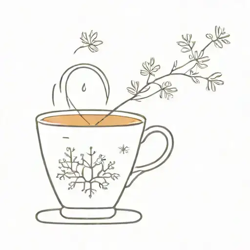 A minimalist tattoo of a steaming cup of tea with a winter snowflake tattoo design idea