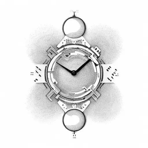 Two hands one human one bones touching the tips and in between them is a round clock tattoo design idea