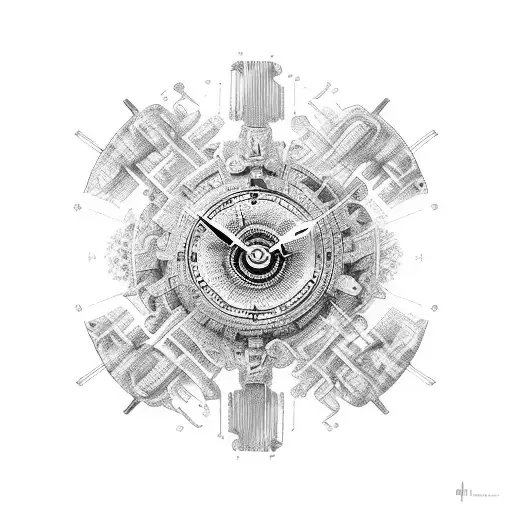 Two hands one human one bones touching the tips and in between them is a round clock tattoo design idea