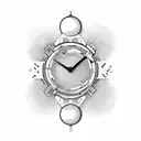 Two hands one human one bones touching the tips and in between them is a round clock tattoo design idea