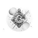 Two hands one human one bones touching the tips and in between them is a round clock tattoo design idea