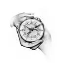 Two hands one human one bones touching the tips and in between them is a round clock tattoo design idea