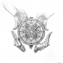 Two hands one human one bones touching the tips and in between them is a round clock tattoo design idea