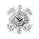 Two hands one human one bones touching the tips and in between them is a round clock tattoo design idea