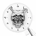 Two hands one human one bones touching the tips and in between them is a round clock tattoo design idea