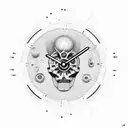 Two hands one human one bones touching the tips and in between them is a round clock tattoo design idea