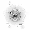 Two hands one human one bones touching the tips and in between them is a round clock tattoo design idea