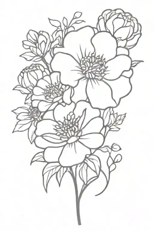 carnation, violet, chrysanthemum bouquet tattoo design idea