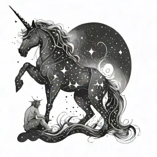 Celestial Flow: Starting from your knee, dotted constellations representing mythological figures like Orion, Pegasus, or tattoo design idea