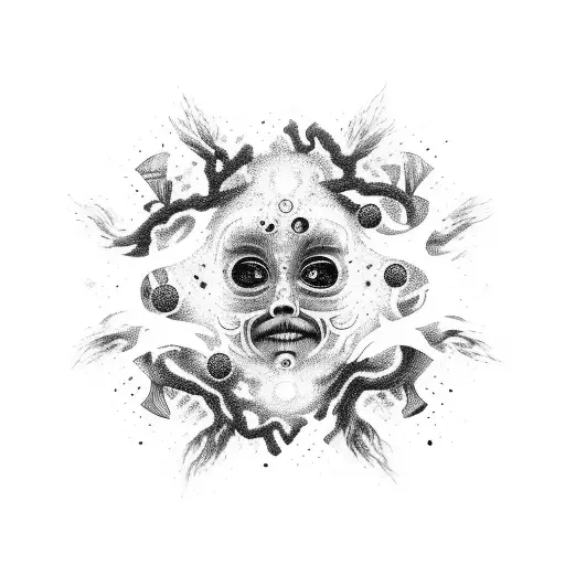 embodiment of chaos as a humanoid floating surrounded by stars and faces being melded together and arms reaching out tattoo design idea