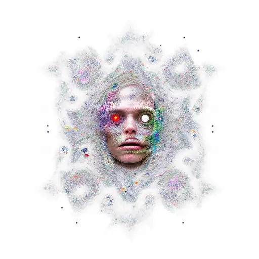 embodiment of chaos as a humanoid surrounded by stars and faces being melded together being looked at by a small person  tattoo design idea