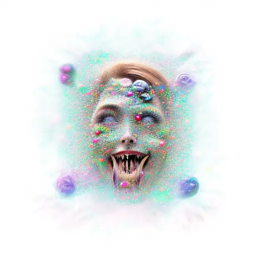 embodiment of chaos as a humanoid surrounded by stars and faces being melded together being looked at by a small person  tattoo design idea