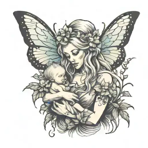 A fairy mother holding a baby in a mystical forest with rises and scorpions  tattoo design idea