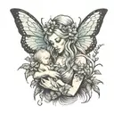 A fairy mother holding a baby in a mystical forest with rises and scorpions  tattoo design idea