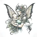 A fairy mother holding a baby in a mystical forest with rises and scorpions  tattoo design idea