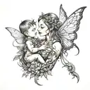 A fairy mother holding a baby in a mystical forest with rises and scorpions  tattoo design idea