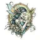 A fairy mother holding a baby in a mystical forest with rises and scorpions  tattoo design idea