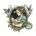 A fairy mother holding a baby in a mystical forest with rises and scorpions  tattoo design idea