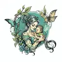 A fairy mother holding a baby in a mystical forest with rises and scorpions  tattoo design idea