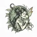A fairy mother holding a baby in a mystical forest with rises and scorpions  tattoo design idea
