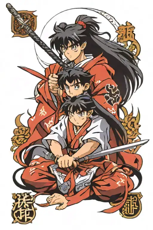 Inuyasha, with black hair, bushido japanese characters tattoo design idea