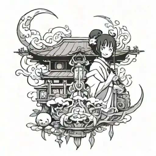 Combine elements from Spirited Away with a traditional anime character design tattoo design idea