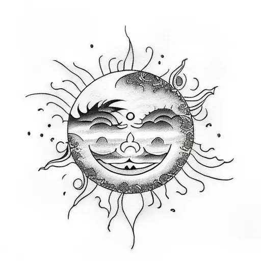 sun, smiling moon in the center with a rain drop tattoo design idea