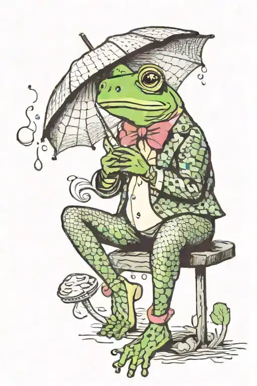 frog in heels with fishnet leggings smoking cigarette holding a mushroom umbrella in the rain tattoo design idea