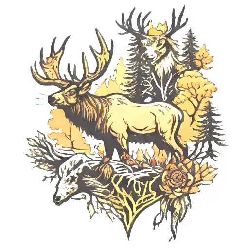 Elk, turkey and bear  n trees tattoo design idea