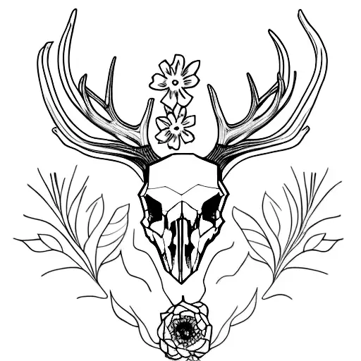 deer skull with flowers tattoo design idea